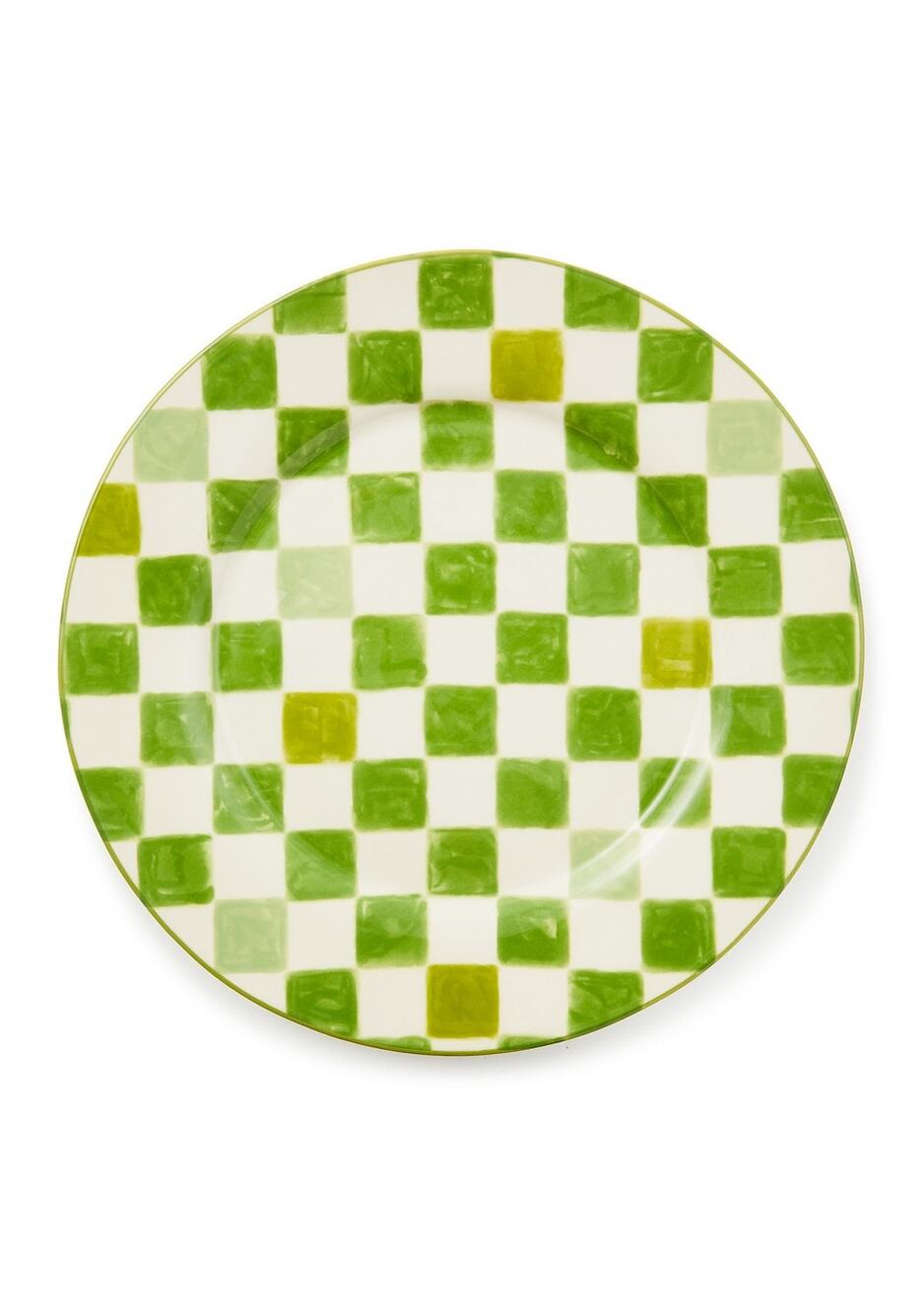 Mackenzie Childs Green Check Round Platter 13.25in Portugal Stoneware NEW